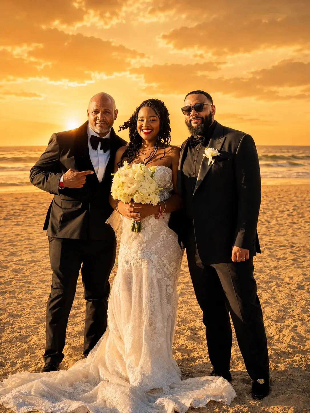 A wedding party standing together at a beach ceremony